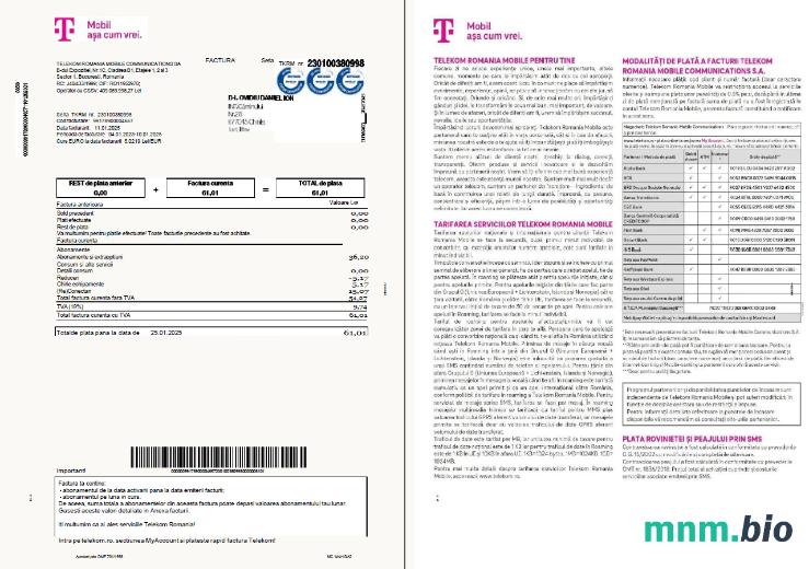 Rumunia T-Mobile rachunek za media szablon w formacie Word i PDF, 4 strony, 1-2 stron